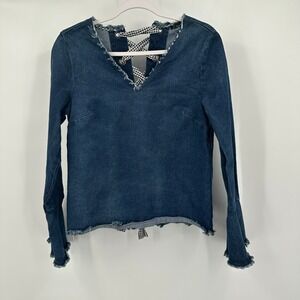 Womens Y2K Indie Denim Top Size S Raw Edge Indie Grunge Lace Uo Back Bell Sleeve